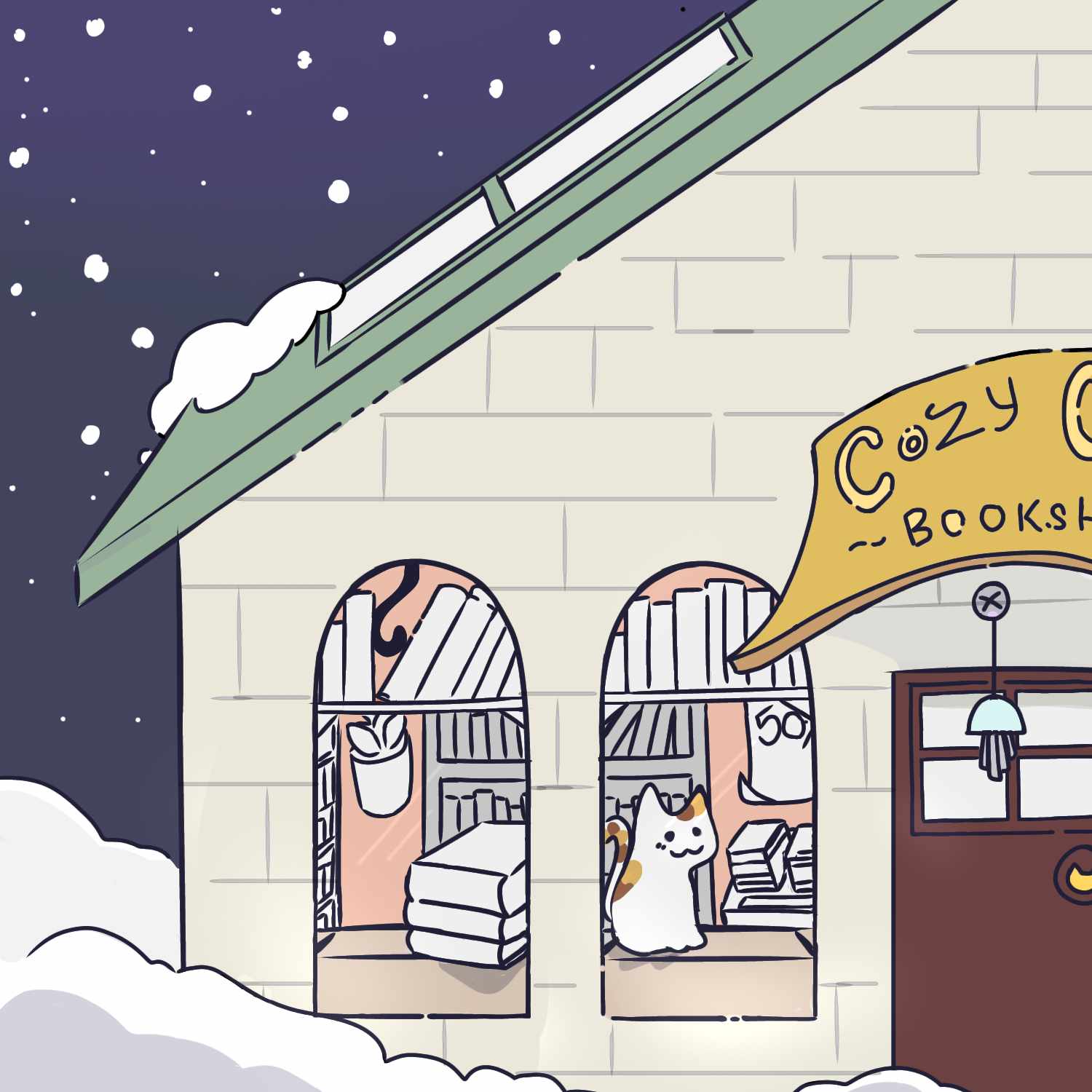 cozy cat's bookshop drawing