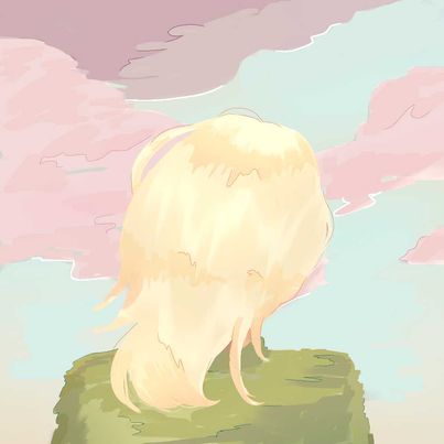 experimental art: blonde lady looking at the sky. the sky has pink clouds