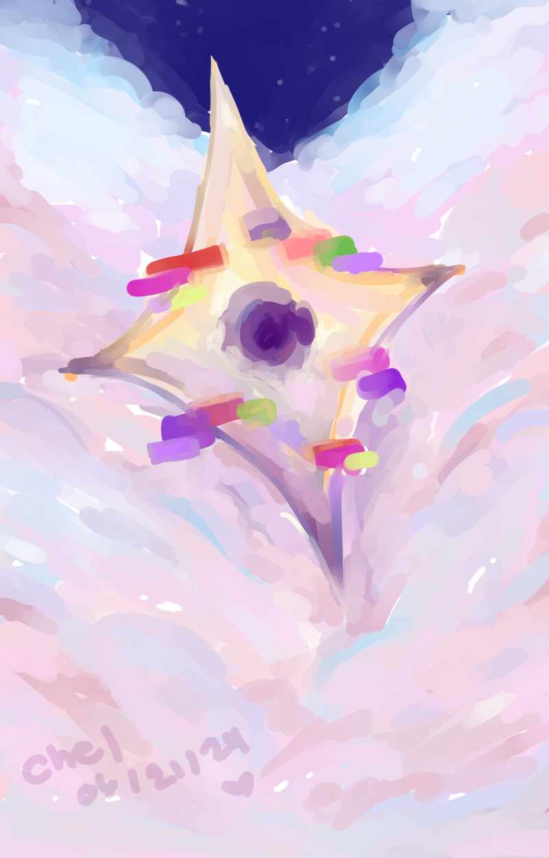 a star glitching in the pastel pink and blue sky