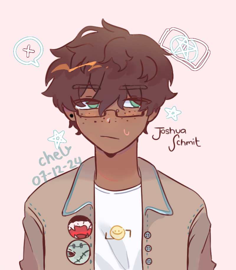 my oc! he has brown slightly curly hair, green eyes, brown skin with freckles, and glasses