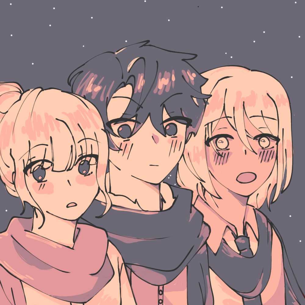 three ocs also with scarves reacting to joshua in shock of what he just said